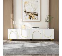 ModernLuxe Meuble TV bas avec portes structurées, décorations dorées et pieds ronds dorés, 170 x 38 x 44 cm, push-to-open et étagères réglables