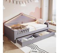MODFU Canapé-lit 90×200 Lit d'enfant avec barre lumineuse LED,lit simple cadre de lit avec sommier à lattes et 2 tiroirs,de construction robuste,sans matelas,gris