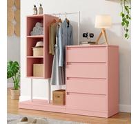MODFU Commode - Meuble Polyvalent avec Étagères et Tiroirs, Barre de Penderie Intégrée pour Entrée ou Chambre, 140 x 40 x 127,5 cm - Rose