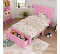 MODFU Lit Avec Rangement 90x200 - Lit Simple Avec Tiroirs de Rangement, Design Créatif, En MDF et Bois Massif, Sans Matelas, Rose