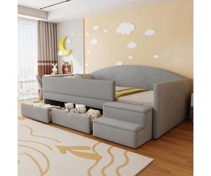 MODFU Lit Banquette 90x190 cm Enfant avec 2 Tiroirs Intégrés et Marches Antidérapantes, Côtés Surélevés Protecteurs, Sans Matelas - Gris Clair