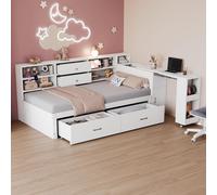 MODFU Lit Banquette Bois 90x200 cm Enfant avec Bureau Intégré, Tiroirs de Rangement et Étagères, Mobilier Multifonction Durable - Blanc