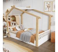 MODFU Lit Cabane Enfant 90x190 cm - Lit Maison Scandinave avec Sommier Inclus - Sans Matelas - Pin Massif et MDF - Blanc et Naturel