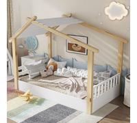 MODFU Lit Cabane Enfant 90x200 cm - Lit Maison Scandinave avec Sommier Inclus - Sans Matelas - Structure Bois de Pin + MDF - Blanc et Naturel