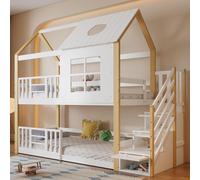 MODFU Lit Cabane Superposé Enfant 90x200 cm - Avec Fenêtres et Barrière de Sécurité - Sans Matelas - Bois Pin + MDF - Blanc et Naturel
