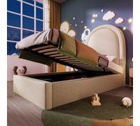 MODFU Lit Coffre 90x200 cm - Tête de Lit en Similicuir et Rangement Hydraulique - Beige