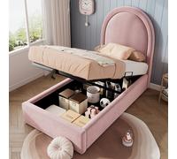 MODFU Lit Coffre 90x200 cm - Tête de Lit en Velours et Rangement Hydraulique - Rose