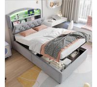MODFU Lit Coffre Enfant 90x200 cm - Lit Simple Capitonné avec LED et USB, Coffre de Rangement Sous Sommier, Velours Gris Élégant, Sans Matelas