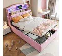 MODFU Lit Coffre Enfant 90x200 cm - Lit Simple Capitonné avec LED et USB, Coffre de Rangement Sous Sommier, Velours Rose Élégant, Sans Matelas