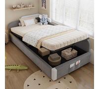 MODFU Lit coffre - Lit coffre enfant avec Coffre et Rangement Latéral Droite, Matelas 90x200 cm, Velours, 205x93,5x71 cm, Blanc+gris