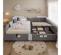 MODFU Lit coffre - Lit simple combiné pour enfants avec Coffre de Rangement Hydraulique, Compatible Matelas 90x200 cm ×2, Velours, 410x187x71 cm, Blanc+gris