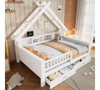 MODFU Lit d'enfant 140x200 Lit plateforme en forme de maison,Lit double avec éclairage LED et barrière de sécurité,Cadre de lit avec tiroirs et compartiments de rangement, sans matelas,Blanc