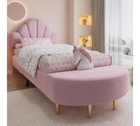 MODFU Lit d'enfant 90x200 Lit d'adolescent avec banquette de même couleur,Cadre de lit bordé d'éponge anti-collision,Lit de princesse en velours et contreplaqué sans matelas,Rose