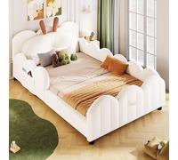 MODFU Lit d'enfant 90x200 Lit plateforme avec coussin en forme de lapin,Lit d'adolescent avec glissière de sécurité,Cadre de lit rembourré avec rampe de protection,sans matelas,Beige