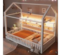 MODFU Lit d'enfant 90x200 Lit plateforme en forme de maison avec éclairage LED,Lit d'adolescent avec cadre métallique,Lit de maison avec clôture sans matelas,blanc