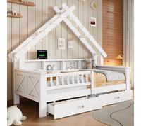 MODFU Lit d'enfant 90x200 Lit plateforme en forme de maison,Lit simple avec éclairage LED et barrière de sécurité,Cadre de lit avec tiroirs et compartiments de rangement, sans matelas,Blanc