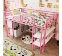 MODFU Lit d'enfant 90x200 Lit surélevé Cadre de lit avec espace de rangement et large escalier,lit simple pour adolescent avec tiroirs et étagères pour un gain de place,sans matelas,rose