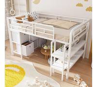 MODFU Lit d'enfant 90x200 Lit surélevé Cadre de lit avec espace de rangement et large escalier,Lit simple pour adolescent avec tiroirs et étagères pour un gain de place,sans matelas,blanc