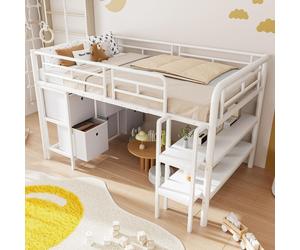 MODFU Lit d'enfant 90x200 Lit surélevé Cadre de lit avec espace de rangement et large escalier,Lit simple pour adolescent avec tiroirs et étagères pour un gain de place,sans matelas,blanc
