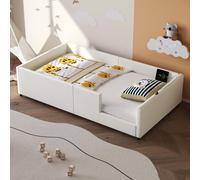 MODFU Lit d'enfant sans matelas 90X200 Lit simple avec rampe de protection et station de recharge(USB et type C),Lit plateforme avec structure en bois massif,Blanc