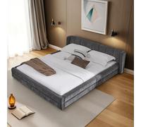 MODFU Lit Double 140x200 cm - Avec Tête de Lit Ergonomique et Structure Bois Métal Solide, Lit Double Capitonné pour Adulte et Ado, Sans Matelas - Gris Foncé