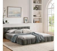 MODFU Lit double 160 × 200 cm pour adolescent, lit rembourré en chenille avec capitonnage carré, bois d’eucalyptus et cadre en fer, sans matelas