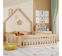 MODFU Lit en bois 140x190 Lit de maison en forme de cheminée,Lit d'enfant simple en pin avec sommier à lattes et barrière de sécurité,sans matelas,naturel