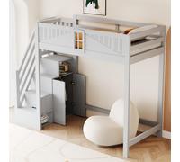 MODFU Lit en bois massif 90x200 Lit surélevé en bois avec bandes verticales et design de fenêtre,lit pour adolescents avec mains courantes,échelle de sécurité de rangement interchangeable à gauche et 