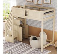 MODFU Lit en bois massif 90x200 Lit surélevé en bois avec bandes verticales et design de fenêtre,lit pour adolescents avec mains courantes,échelle de sécurité de rangement interchangeable à gauche et 