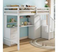 MODFU Lit en hauteur Lit d'enfant 90x200 cm avec protection contre les chutes, tiroirs et escalier, Lit superposé avec bureau et armoire, Lit d'étudiant, blanc