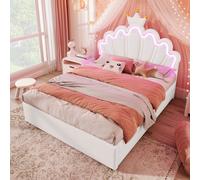 MODFU Lit enfant 140×200 rembourré avec éclairage d’ambiance, lit couronne avec tête réglable et 2 tiroirs, sans matelas, blanc