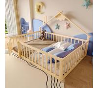 MODFU Lit Enfant 140x190 cm – Structure Bois Sécurisée – Sans Matelas – Naturel