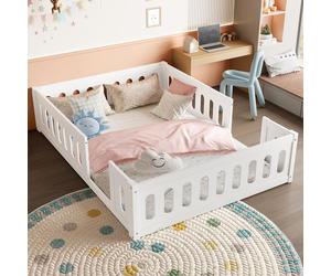 MODFU Lit Enfant 140x200 cm avec Barrière de Sécurité - Lit Junior en Bois Massif et MDF, Sans Matelas, Couleur Blanc