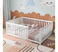 MODFU Lit Enfant 140x200 cm avec Barrières et Rangement Ludique, Lit au Sol en Bois Blanc - Sans Matelas