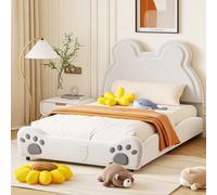 MODFU Lit Enfant 140x200 cm - Lit Double Rembourré Avec Design Ours, Lit Enfant Velours Doux Pour La Peau, Cadre MDF + Contreplaqué, Sans Matelas, Blanc