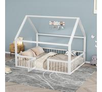 MODFU Lit Enfant 140x200 cm Métal avec Barrières de Sécurité, Toit Créatif, Blanc - Sans Matelas