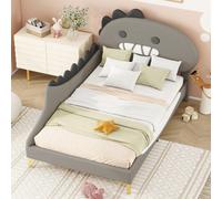 MODFU Lit enfant 90×200 avec design dinosaure, lit rembourré moderne enPolyuréthaneet MDF, cadre de lit simple gris avec tête de lit cartoon (sans matelas)
