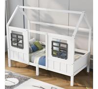 MODFU Lit Enfant 90 x 200 cm - Lit Cabane avec Cadre Bois et Fenêtres Décoratives - Sans Matelas - Blanc
