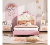 MODFU Lit Enfant 90 x 200 cm - Lit Simple Rembourré Avec Lattes Et LED Colorée, Simili Cuir, Auto-Installation, Sans Matelas, Rose + Blanc