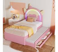 MODFU Lit Enfant 90x200 cm, Licorne avec Lit Gigogne, Rose