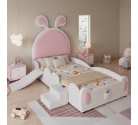 MODFU Lit Enfant 90x200 cm - Lit avec Escalier Incliné, Toboggan et Design Lapin,PolyuréthaneRose et Blanc - Sans Matelas