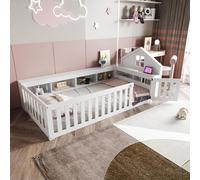 MODFU Lit Enfant 90x200 cm - Lit Cabane Bois avec Rangement Intégré et Protection, Structure Contreplaqué MDF Pin, Sans Matelas - Blanc