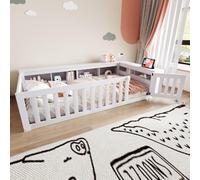 MODFU Lit Enfant 90x200 cm - Lit Cabane Bois avec Rangement Intégré et Protection, Structure Contreplaqué MDF Pin, Sans Matelas - Blanc