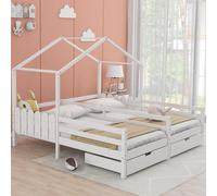 MODFU Lit Enfant 90x200 cm - Lit Cabane Mi-Hauteur avec Toit et Fenêtres, 2 Tiroirs avec Roulettes, Pin Blanc - Sans Matelas