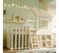 MODFU Lit Enfant 90x200 cm - Lit Mi-Hauteur Cabane avec Échelle Latérale, Toit et Ouvertures, Bois Massif, Sans Matelas - Blanc
