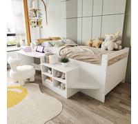 MODFU Lit Enfant 90x200 cm - Lit Multifonctions avec Bureau Latéral et Modules de Rangement, Sans Matelas, Bois Massif - Blanc