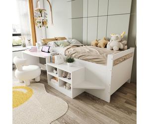 MODFU Lit Enfant 90x200 cm - Lit Multifonctions avec Bureau Latéral et Modules de Rangement, Sans Matelas, Bois Massif - Blanc