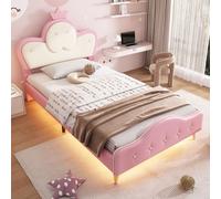 MODFU Lit Enfant 90x200 cm - Lit Rembourré Avec Tête De Lit Couronne Et Bande LED, Lit Simple Princesse En PU, Rose