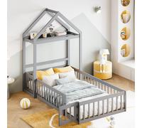 MODFU Lit Enfant 90x200 cm - Lit Simple Avec Barrières De Sécurité Et Rangement, Lit En Bois Massif MDF + Pin, Sans Matelas, Gris