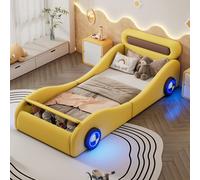 MODFU Lit Enfant 90x200 cm - Lit Simple Avec Design Voiture et Rangement Intégré, Sans Matelas, Cuir Synthétique, Jaune